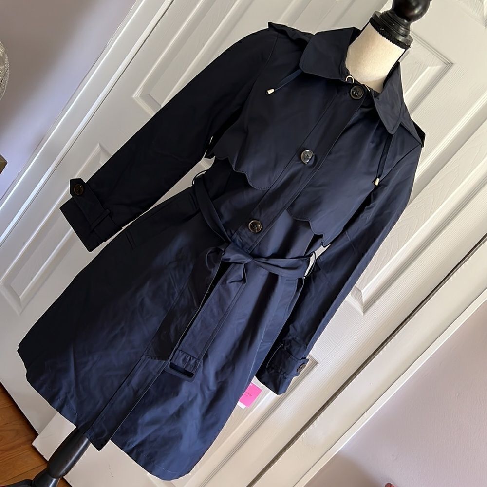 Kate Spade Scalloped Hooded Trench Coat Navy Blue Size S - Picture 3 of 16